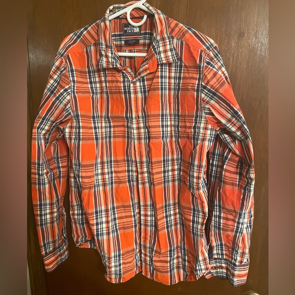 The North Face Men's Long Sleeve Blue/Orange Checkered Button Down Shirt Sz L